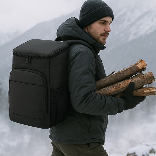 homme avec du bois dans les mains se promĂšne avec sacs Ă dos isotherme