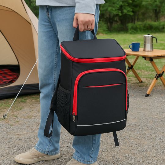 femme en camping qui tient un sac a dos isotherme dans sa main