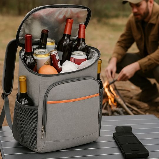 un des sacs à dos isotherme gris et orange plein de boissons fraiches