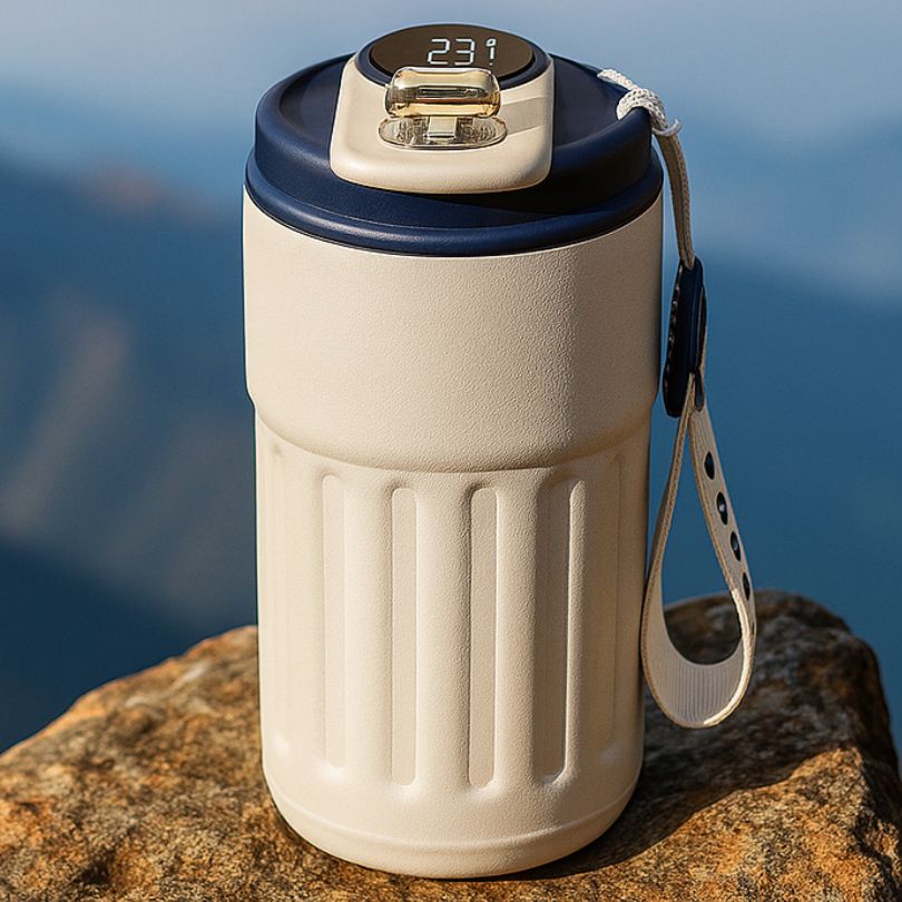 présentation d'une tasse thermos blanc et bleu
