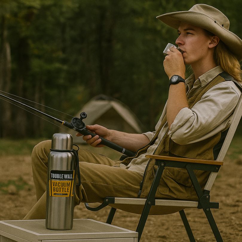 homme avec chapeau en camping dégustant un café chaud de son thermos argent