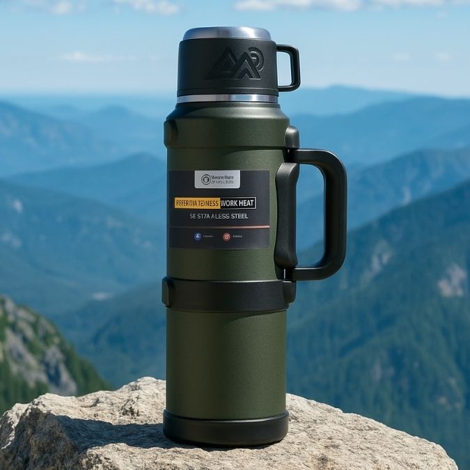 présentation d'une thermos flask mug vert sur rocher en montagne