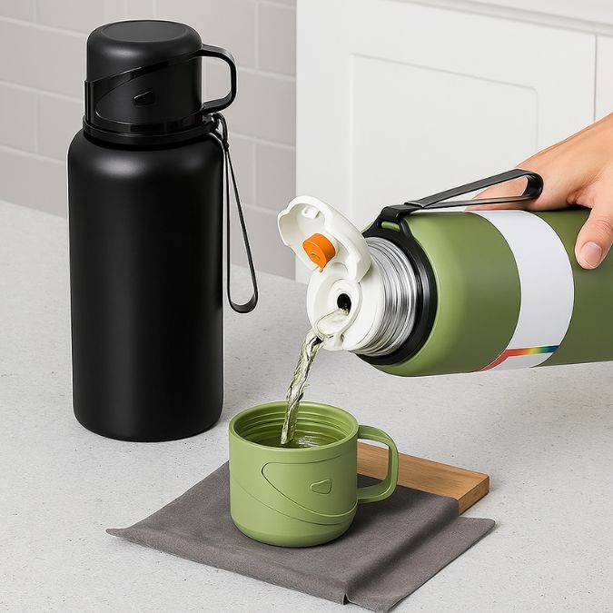 personne qui verse de l'eau dans une tasse isotherme