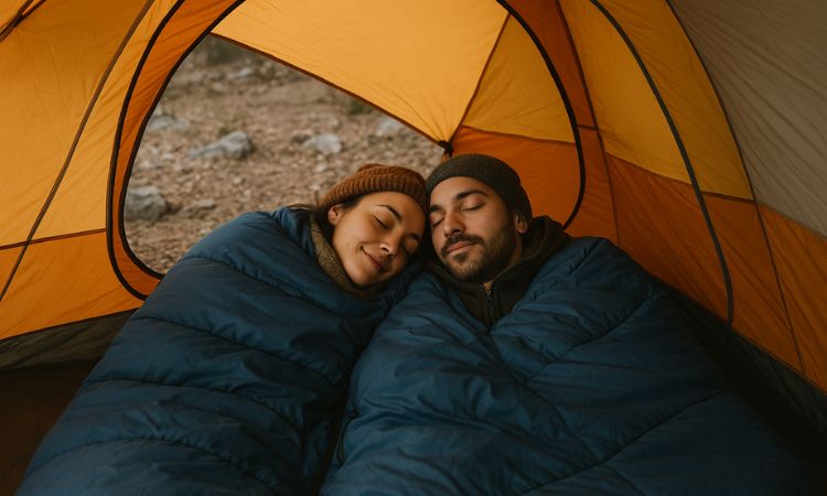 couple d'amoureux qui dorment dans un sac de couchage dans une tente