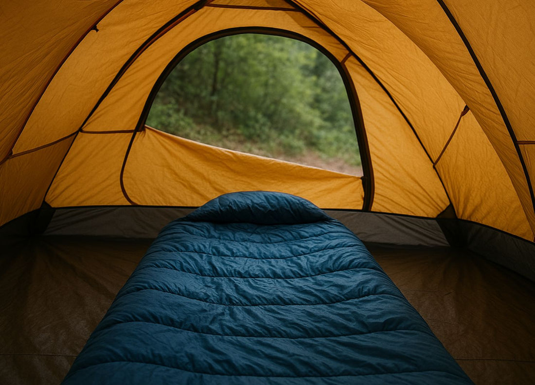 Un sac de couchage bleu étendu dans une tentedans une tente