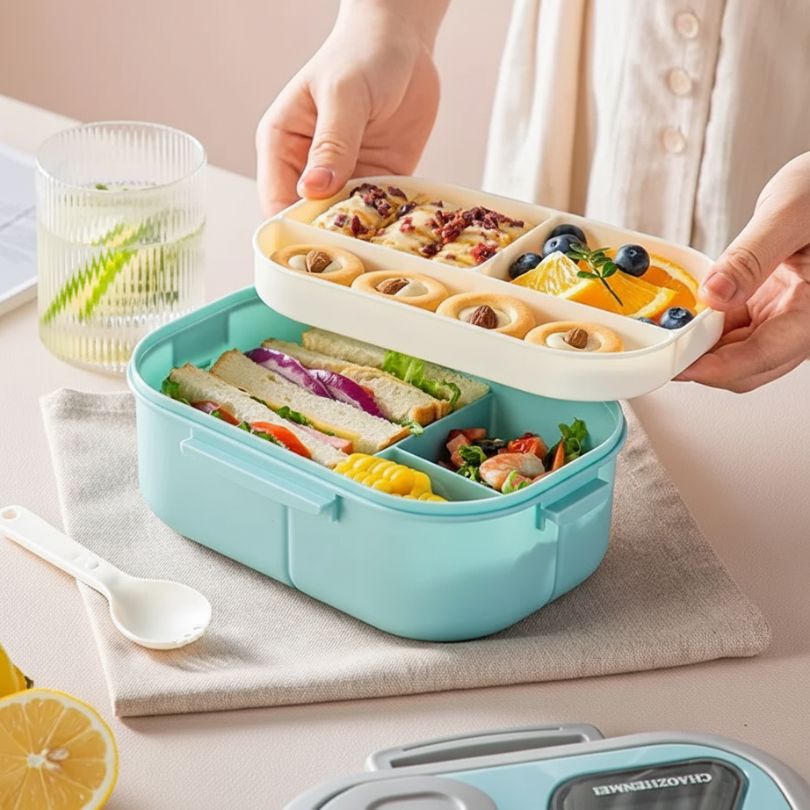 femme qui ouvre sa boite à repas et découvre son lunch frais