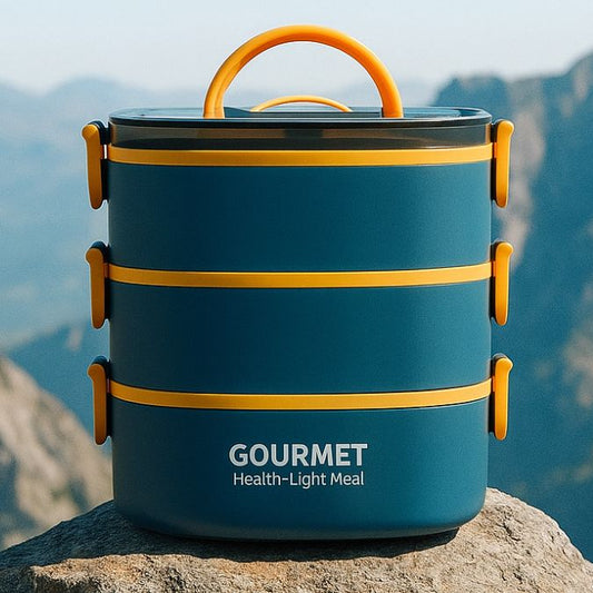 Présentation boite lunch box bleu sur un rocher