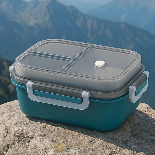 présentation d'une boite pour repas bleu sur un rocher en plein air