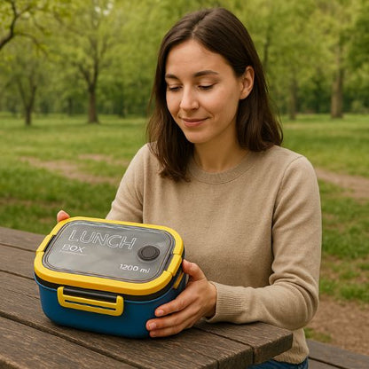 femme qui s'apprête à ouvrir sa boite repas en plein air