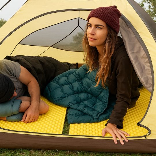 femme qui se réveille dans sa tente après avoir dormi sur son matelas trekking