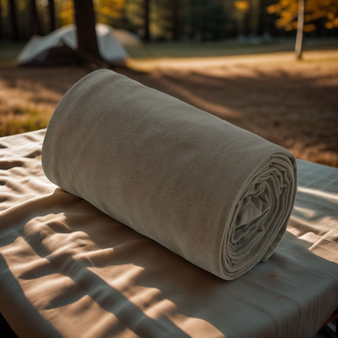 drap-pour-sac-de-couchage-gris-sur-une-table-de-camping