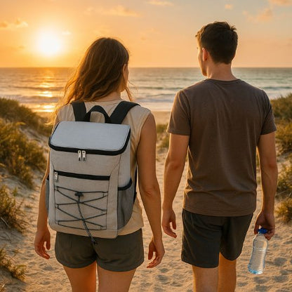femme qui porte un sac a dos isotherme gris en marchant vers la plage avec un ami