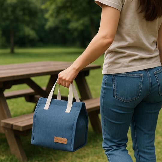 femme qui transporte un sac lunch box vers une table de pique nique