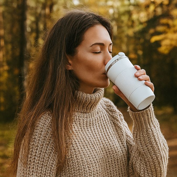 femme qui boit du café dans son mug isotherme blanc en plein air