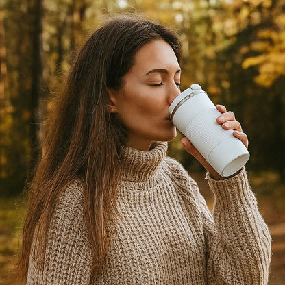 femme qui boit du café dans son mug isotherme blanc en plein air