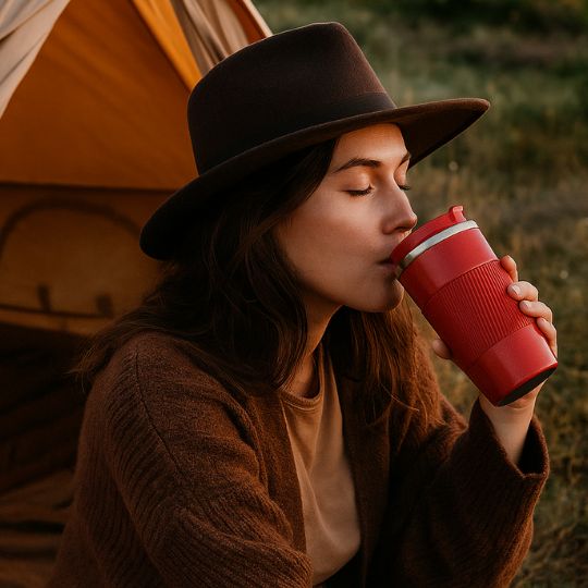femme près de sa tente qui déguste un café chaud de son mug isotherme rouge