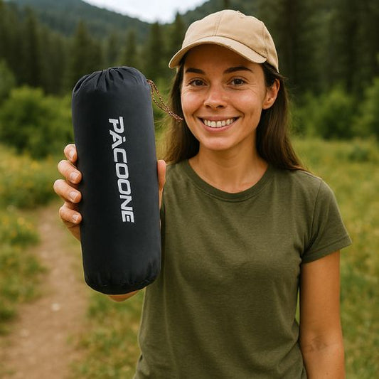 femme avec un matelas camping plié dans la main le montrant à la caméra