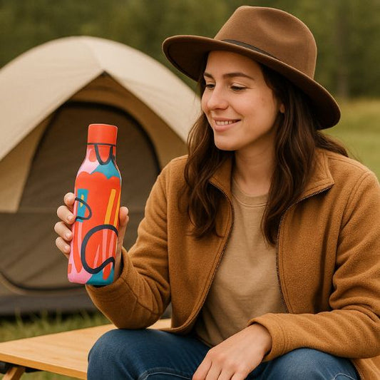 femme avec une bouteille isotherme dans la main en camping
