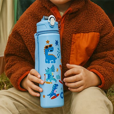 enfant avec un manteau qui tient une gourde enfant bleu avec dinosaure