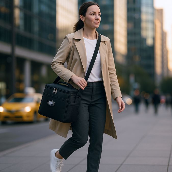 femme qui marche en ville avec une glaciere pliable noir a l'épaule