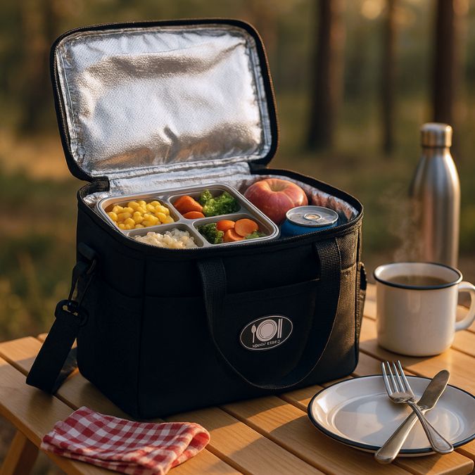 glaciere pliable noir avec des aliments frais à l'intérieur