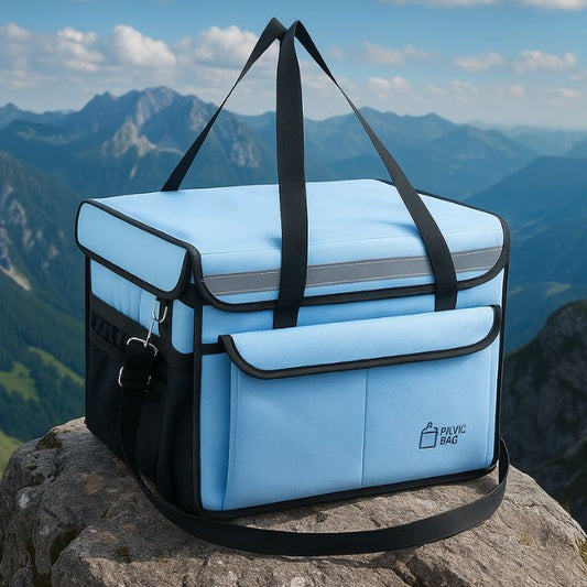 présentation d'une glaciere sac bleu au sommet d'une montagne sur un rocher