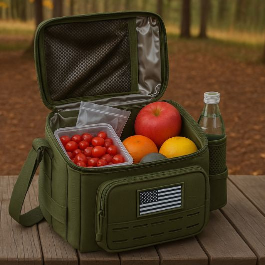 glaciere sac vert sur une table camping