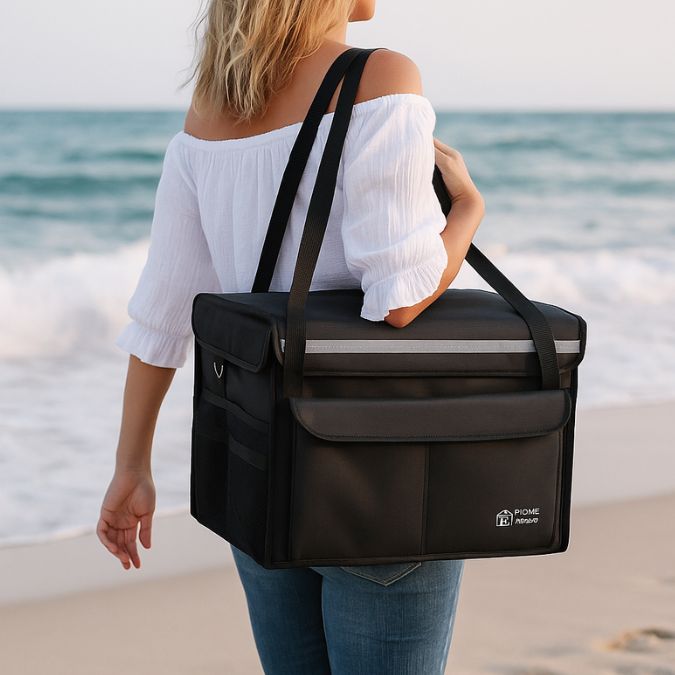 femme transportant une glaciere sac à l'épaule sur le bord de la plage