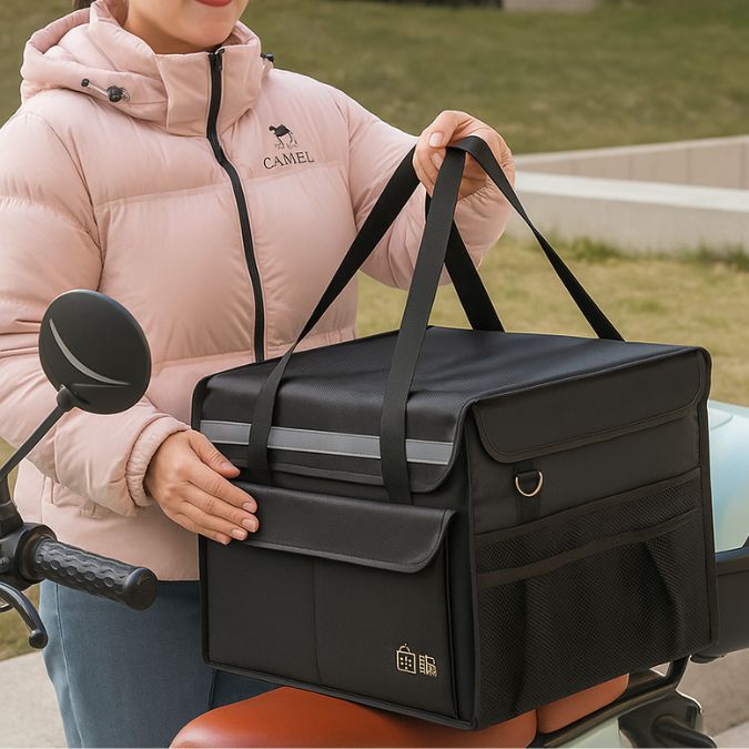 femme qui met sa glaciere sac noir sur sa moto