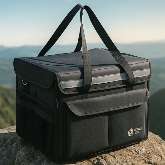 présentation d'une glaciere sac noir sur un rocher au sommet d'une montagne