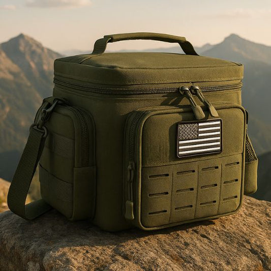 présentation d'une glaciere sac vert militaire sur un rocher au sommet d'une montagne