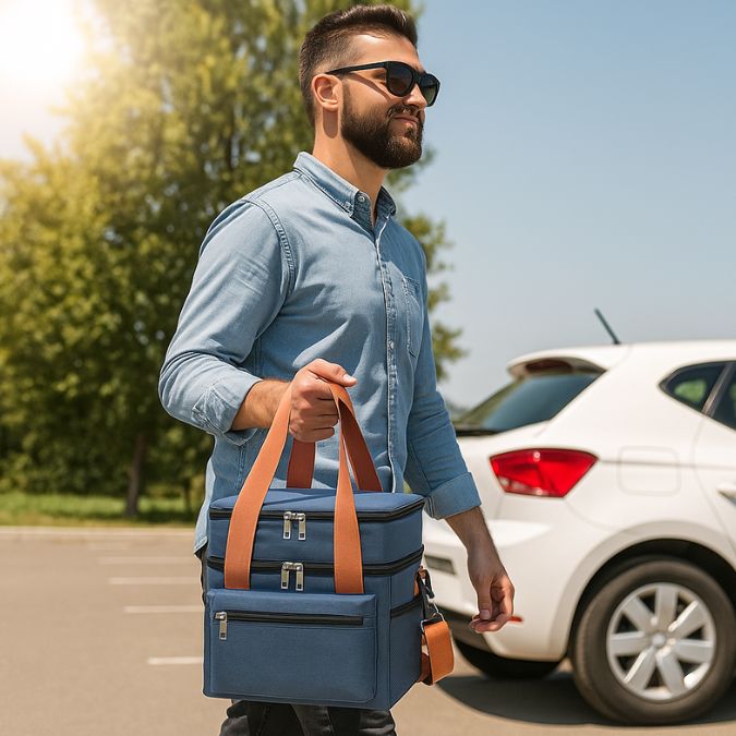 homme qui se dirige vers son auto avec sa glacière souple bleu