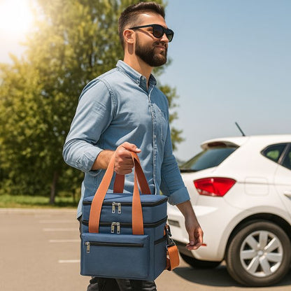 homme qui se dirige vers son auto avec sa glacière souple bleu