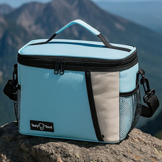 présentation d'une glaciere souple bleu horizon sur un rocher en montagne