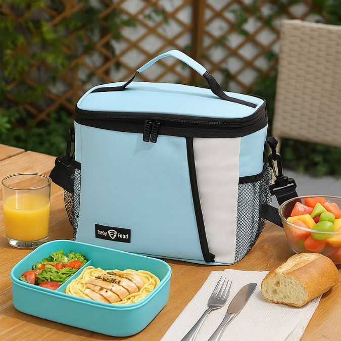 un lunch box avec un repas savoureux et un glaciere souple bleu pale
