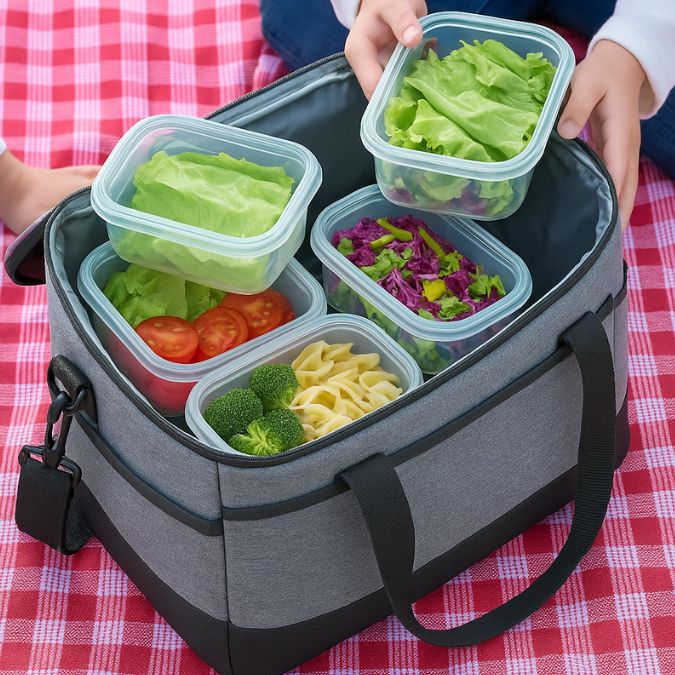 plusieurs lunch boxes dans une glacière souple grise