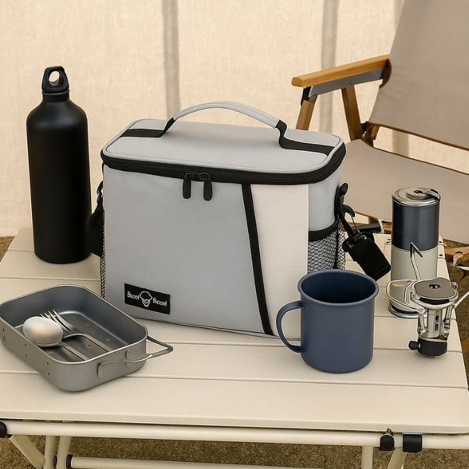 une glacière souple gris sur une table camping avec d'autre accessoire repas