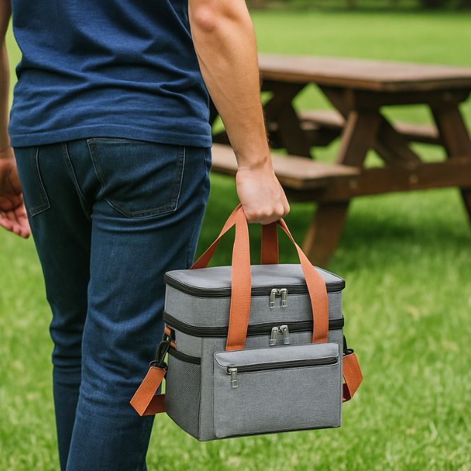 homme transportant une glacière souple grise en plein air vers une table pique nique