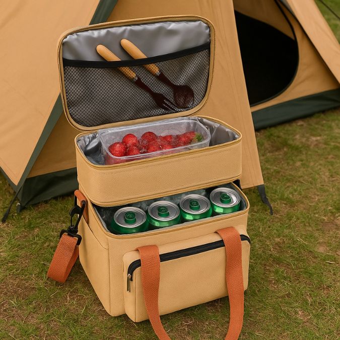 une glacière souple kaki près d'une tente en camping