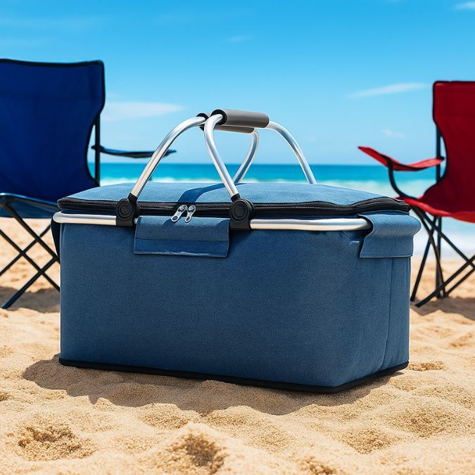 glaciere souple bleu posé sur le sable entre 2 chaises de camping