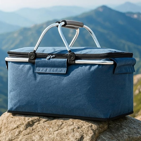 présentation d'une glaciere souple pliable bleu sur un rocher avec paysage de montagne