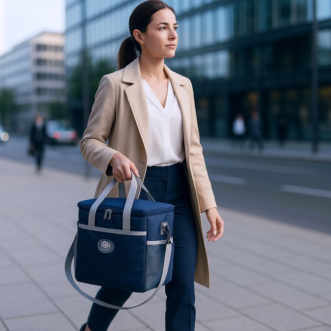 femme marchant en ville avec une des glacieres soupless bleu pour garder repas frais