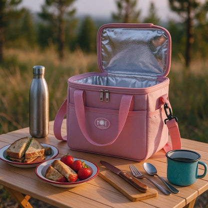 glacière souple rose sur une table de camping en extérieur