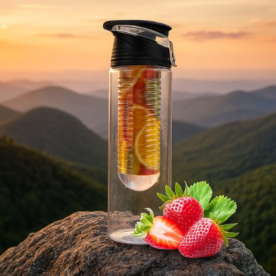 gourde en plastique noir avec infuseur de fruits sur un rocher au sommet d'une montagne