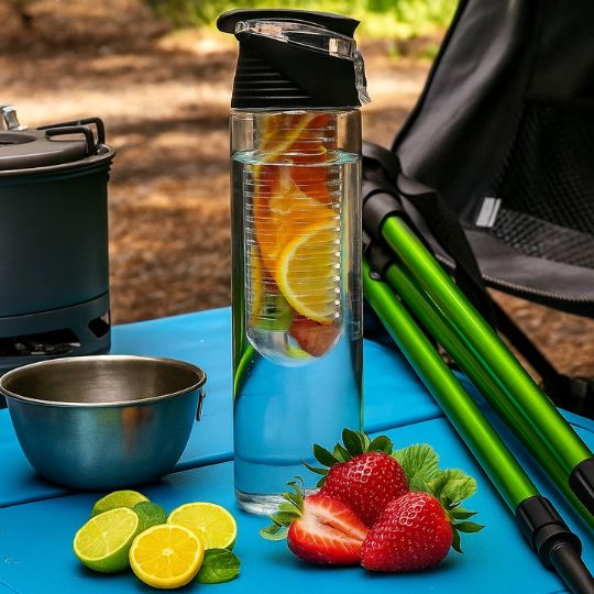 une gourde en plastique noir sur une table de camping avec d'autre accessoires