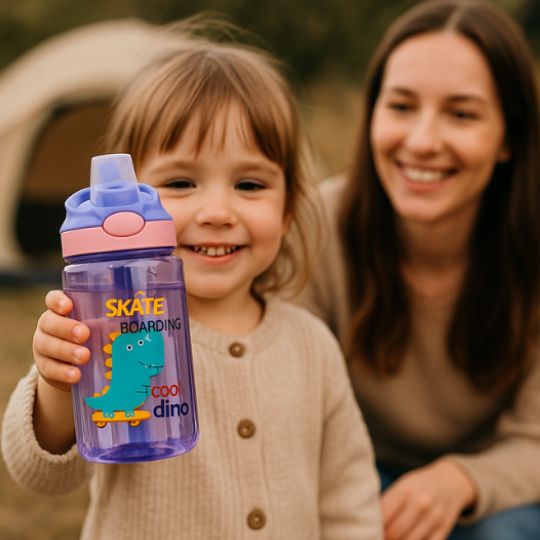petite fille qui nous montre une gourde enfant violet alors qu'elle est en camping avec sa mère
