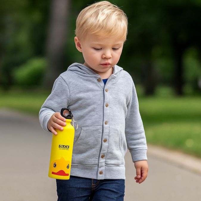 petit garcon qui marche dans la rue avec sa gourde enfant inox jaune