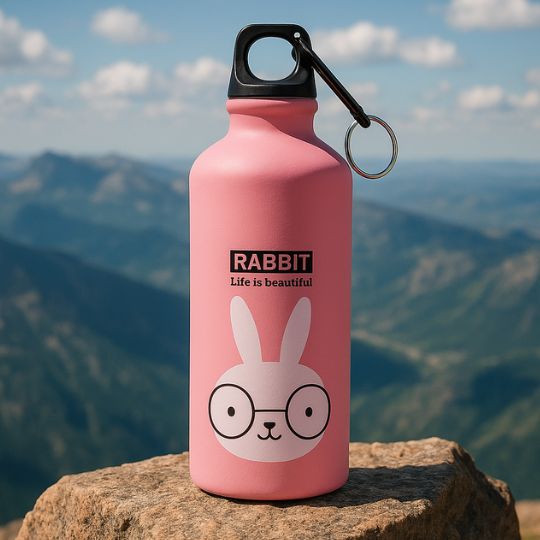 Présentation d'une gourde enfant inox lapin rose sur un rocher en montagne