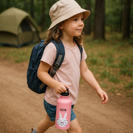 petite fille qui marche en forêt avec sa gourde enfant inox rose