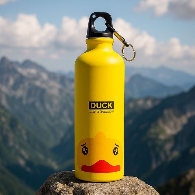 présentation d'une gourde enfant inox jaune en haut d'une montagne